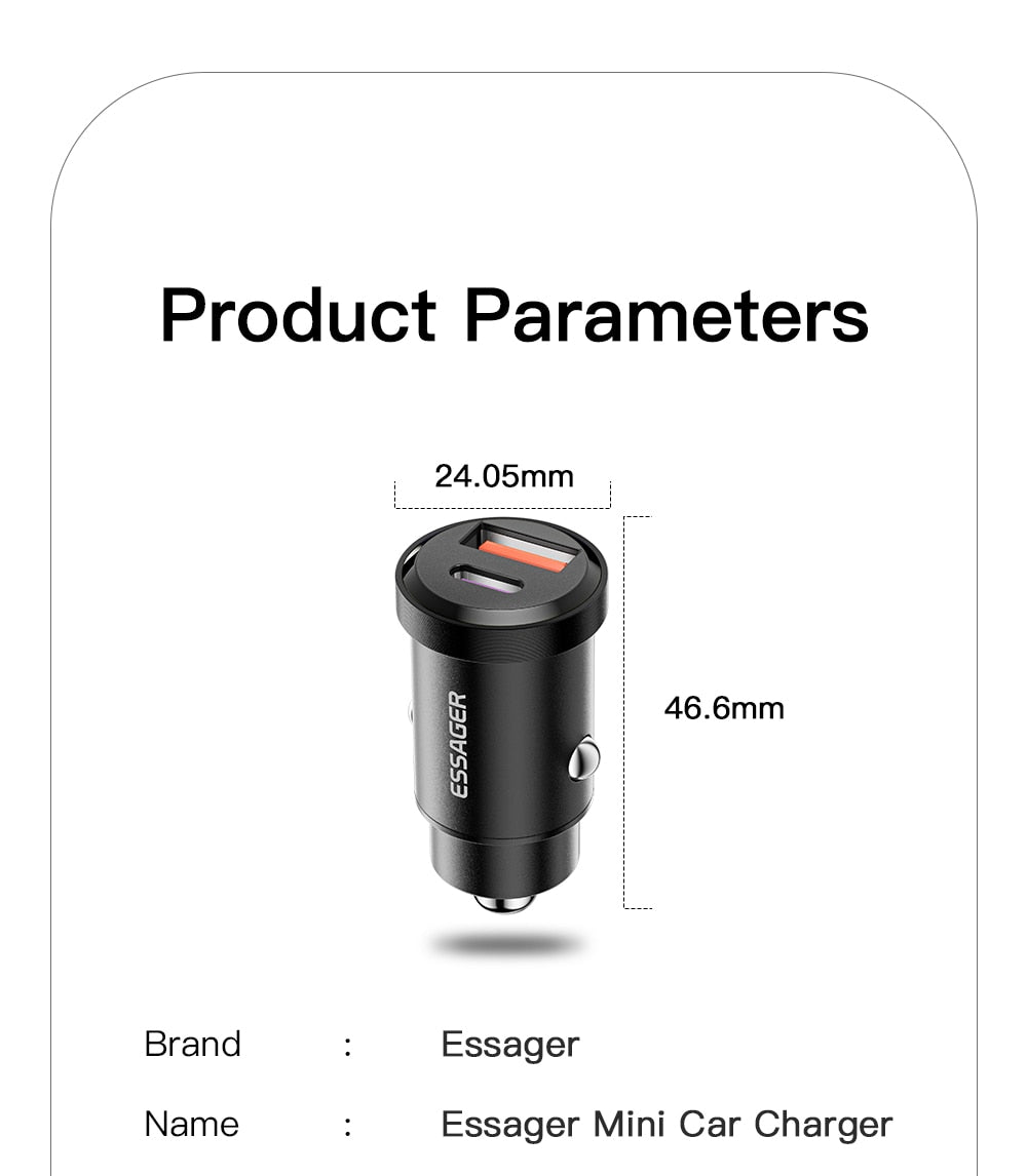 Essager 30W USB Car Charger Quick Charge4.0 QC PD 3.0 SCP 5A USB Type C Car Fast Charging For iPhone 14 13 Huawei Samsung Xiaomi